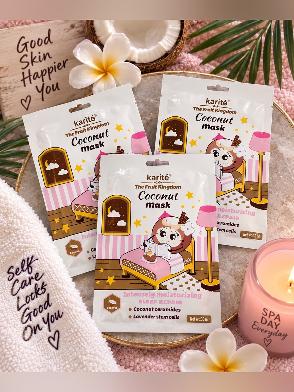 Karité The Fruit Kingdom Coconut Face Mask 3-Pack Moisturizing Sheet Masks NIP